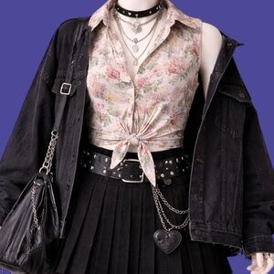 M Collection 1990s Vintage Floral Button-Up Tie-Front Blouse